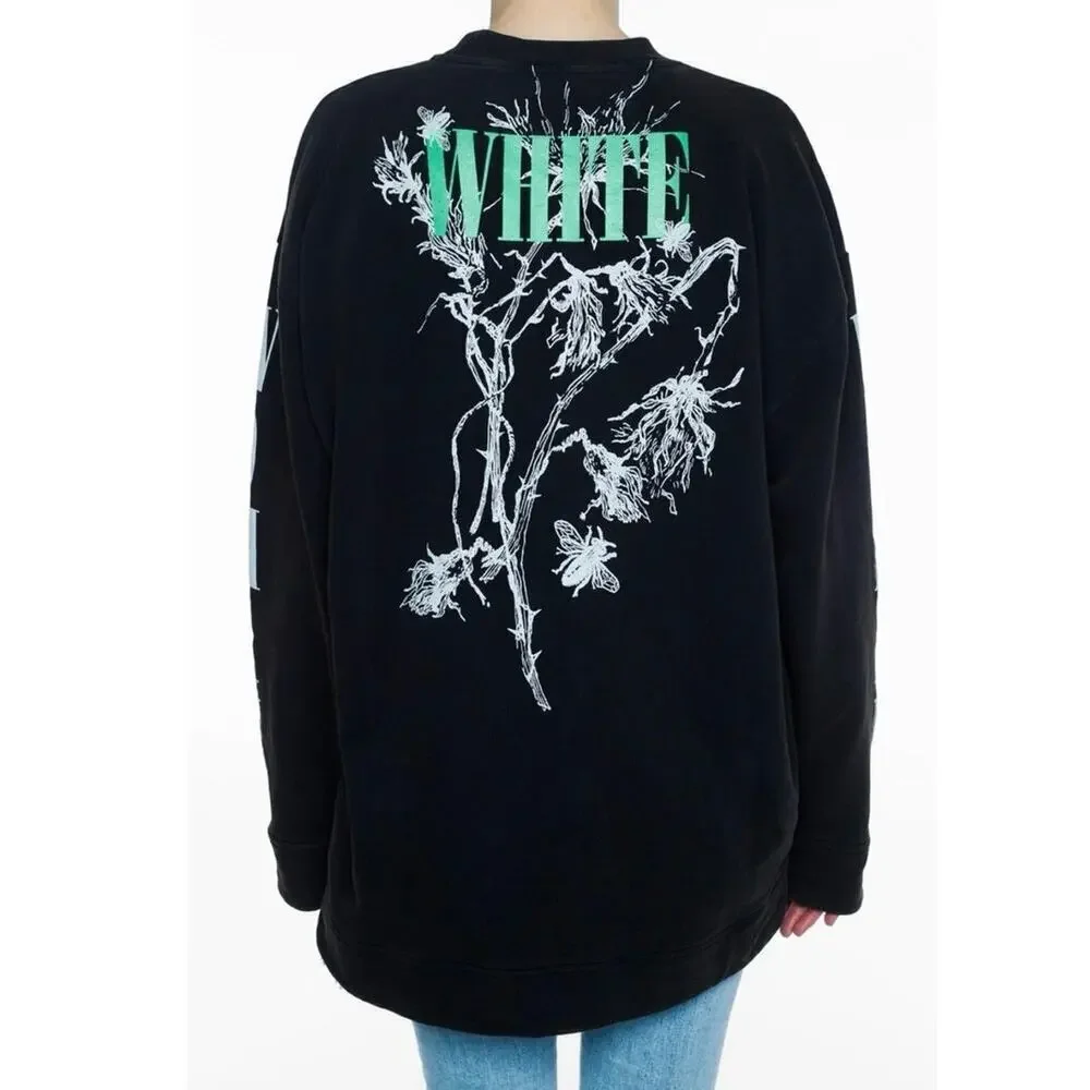Off White Oversized Floral Logo Cotton Pullover Crewneck Sweatshirt Black Small